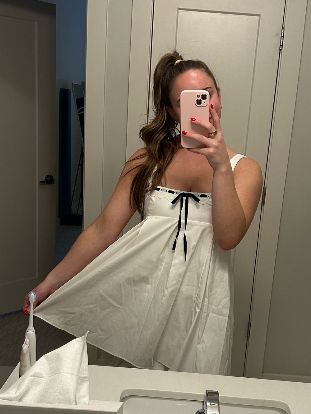 Reformation White Babydoll Dress with Black Ribbon Trim